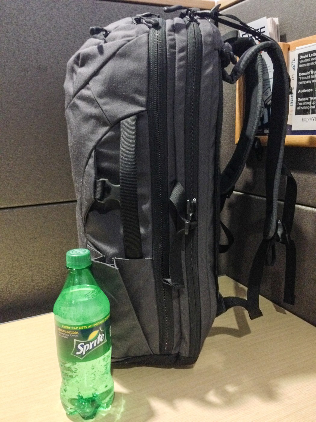 Backpack and water bottle; illustrative image